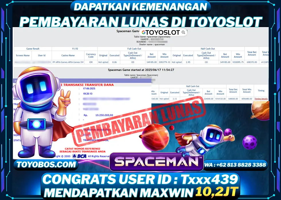 BUKTI KEMENANGAN Spaceman Rp10,200,000- LUNAS